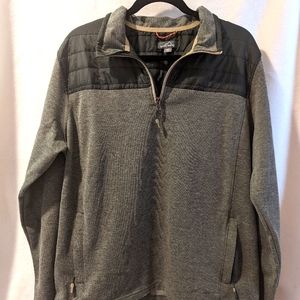 Olive Eddie Bauer quarter-zip fleece with quilted shoulder detail.